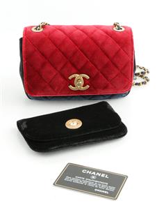 Chanel Private Affair Camellia Flap Bag Quilted Velvet Small - Red/Black/Blue  Very Good